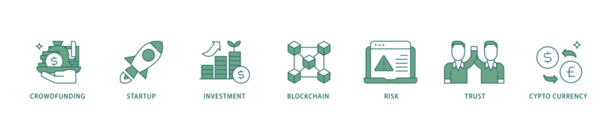 Poster - ICO icon infographic illustration concept with icon of crowdfunding, startup, investment, blockchain, risk, trust and cypto currency icon live stroke and easy to edit 