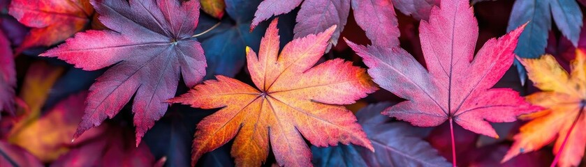 Aufkleber - Vibrant autumn leaves in shades of red, orange, and purple create a stunning natural backdrop emphasizing seasonal beauty.