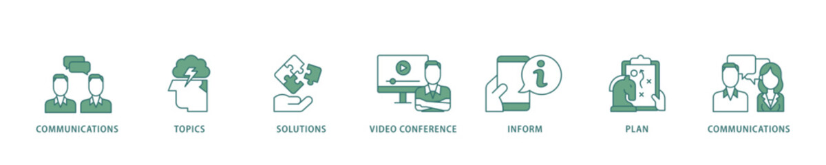Poster - Meeting icon infographic illustration concept with icon of communications, topics, solutions, plan, inform and video conference  icon live stroke and easy to edit 