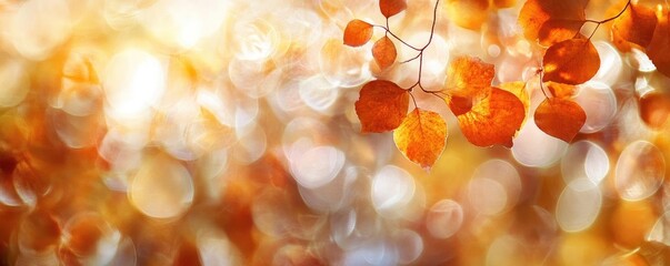 Poster - A serene autumn background featuring golden leaves and soft bokeh lights, perfect for seasonal themes and nature designs.