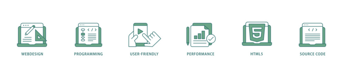 Aufkleber - Mobile first icon infographic illustration concept with icon of webdesign, programming, user friendly, performance, html5 and source code icon live stroke and easy to edit 