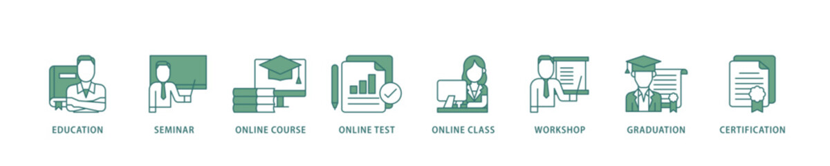 Aufkleber - Online training icon infographic illustration concept with icon of education, seminar, online course, online test, online class, workshop, graduation, certification icon live stroke and easy to edit 