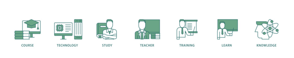 Aufkleber - Online education icon infographic illustration concept with icon of course, technology, study, teacher, training, learn and knowledge icon live stroke and easy to edit 