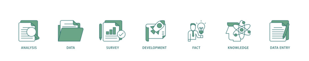 Poster - Research icon infographic illustration concept with icon of analysis, data, survey, development, fact, knowledge and data entry icon live stroke and easy to edit 