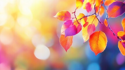 Poster - Vibrant autumn leaves in soft sunlight, capturing the beauty of seasonal change and nature's colorful palette.