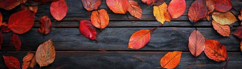Aufkleber - Vibrant autumn leaves scattered on a rustic wooden surface, showcasing shades of orange, red, and yellow, perfect for seasonal themes.