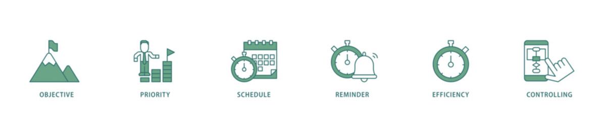 Poster - Time management icon infographic illustration concept with icon of objective, priority, schedule, reminder, efficiency, alerts, and controlling icon live stroke and easy to edit 