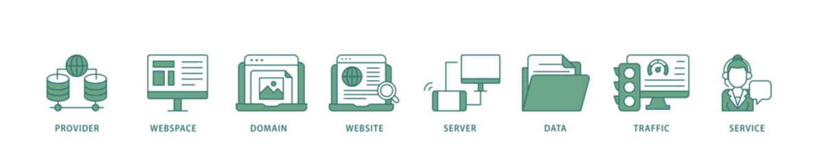 Poster - Web hosting icon infographic illustration concept with icon of provider, webspace, domain, website, server, data, traffic and service icon live stroke and easy to edit 