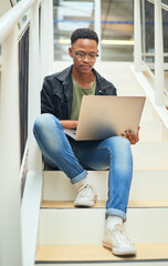 Poster - Laptop, typing and businessman for social media, stairs for content project or online in office for internet research. Steps, searching and creative employee browsing website or app on technology