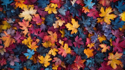 Poster - A vibrant collection of autumn leaves displaying rich colors like red, orange, yellow, and blue on a textured surface.