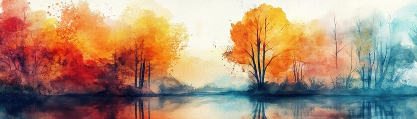 Aufkleber - A serene landscape painting showcasing vibrant autumn foliage reflected in calm water, creating a tranquil and picturesque view.