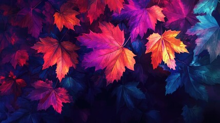Aufkleber - Vibrant autumn leaves in stunning hues of orange, red, and blue against a dark background, showcasing nature's beauty and colors.