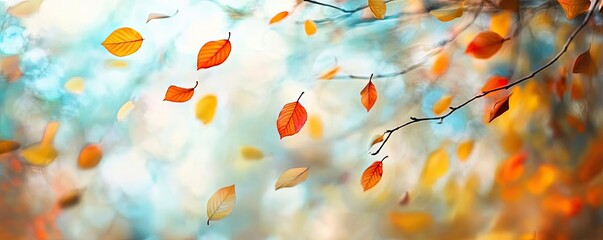 Poster - A serene autumn scene featuring colorful leaves falling from branches against a soft, blurred background.