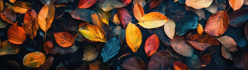 Poster - A vibrant collection of autumn leaves in various colors, showcasing nature's beauty and seasonal transition.