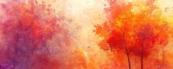 Poster - A serene autumn landscape featuring vibrant trees in warm hues of orange, red, and purple, evoking peace and tranquility.