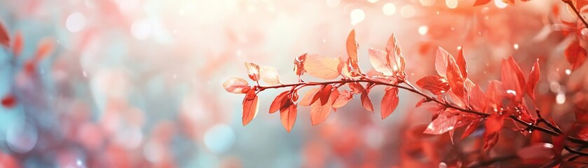Poster - A serene branch featuring vibrant red leaves against a dreamy background of soft colors, perfect for nature and seasonal themes.