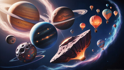 Illustration of a galaxy outer space background with various planets and floating hot air balloons, as well as hot meteor rocks