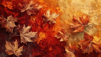 Poster - Vibrant autumn leaves scattered on a warm, colorful background, capturing the essence of fall's beauty and rich hues.