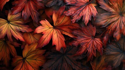 Poster - A close-up view of vibrant autumn leaves in shades of orange and red, creating a warm and inviting nature background.