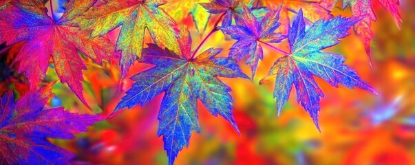 Poster - Vibrant and colorful leaves illuminated by sunlight, showcasing a stunning array of hues in a natural setting.