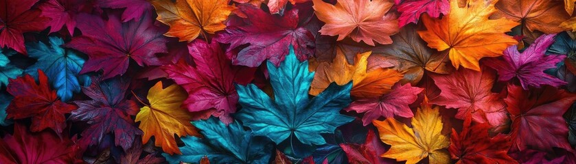 Poster - A vibrant display of colorful autumn leaves in various shades creating a beautiful nature backdrop, perfect for seasonal designs.