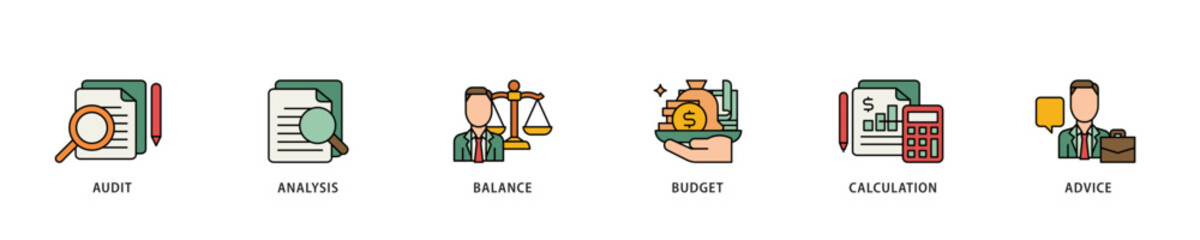 Poster - Accounting icon infographic illustration concept with icon of audit, analysis, balance, budget, calculation, and advice icon live stroke and easy to edit 