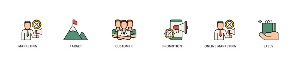 Poster - Advertising icon infographic illustration concept with icon of marketing, target, customer, promotion, online marketing, and sales icon live stroke and easy to edit 