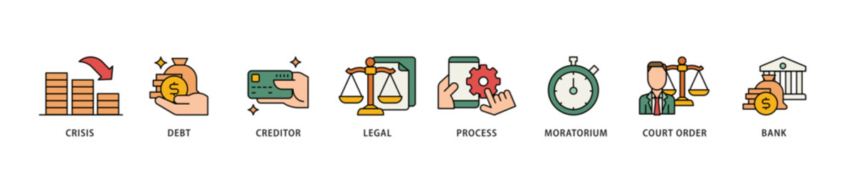 Poster - Bankruptcy icon infographic illustration concept with icon of bank ,court order, legal, moratorium, process, creditor, debt, crisis icon live stroke and easy to edit 