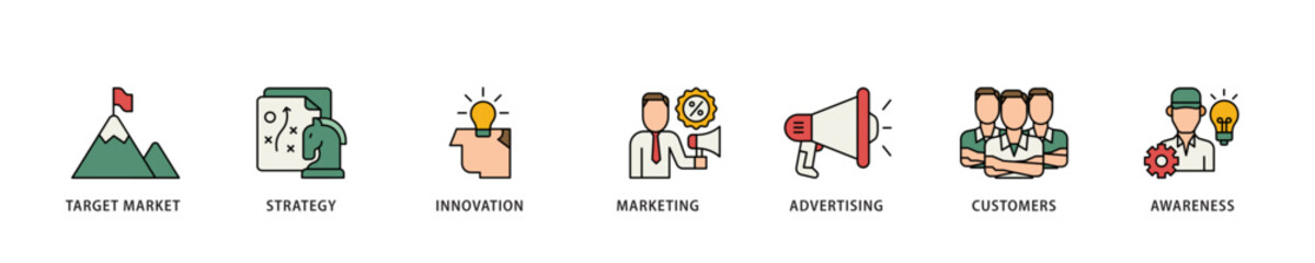 Fototapete - Brand icon infographic illustration concept with icon of target market, strategy, innovation, marketing, advertising, customers, and awareness icon live stroke and easy to edit 