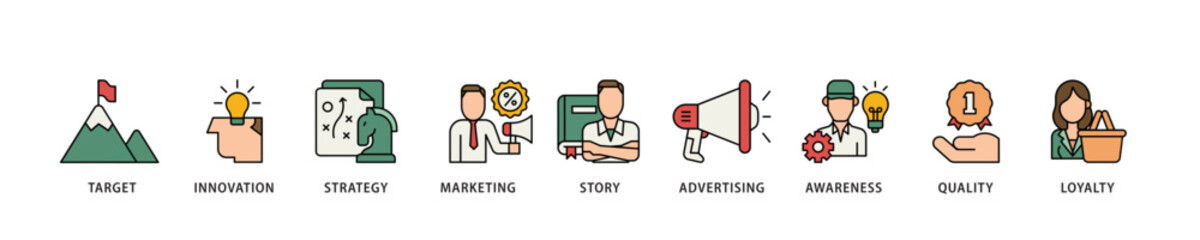 Poster - Branding icon infographic illustration concept with icon of target, innovation, strategy, marketing, story, advertising, awareness, quality and loyalty icon live stroke and easy to edit 
