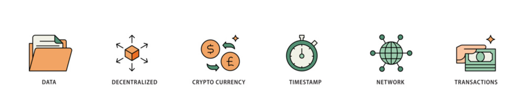 Blockchain icon infographic illustration concept with icon of data, decentralized, crypto currency, timestamp, network and transactions icon live stroke and easy to edit 