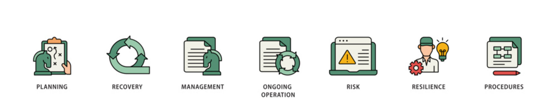 Business continuity icon infographic illustration concept with icon of management, ongoing operation, risk, resilience, and procedures icon live stroke and easy to edit 