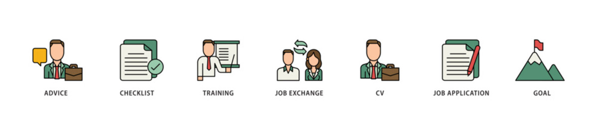 Poster - Career planning icon infographic illustration concept with icon of advice, checklist, training, job exchange, cv, job application and goal icon live stroke and easy to edit 