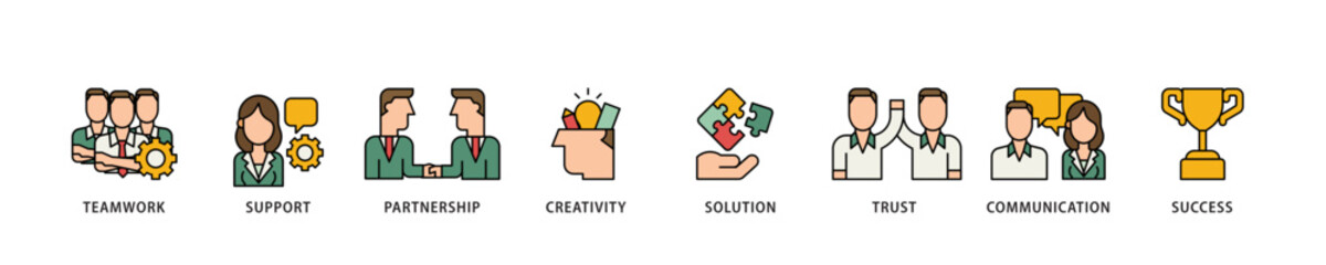 Poster - Collaboration icon infographic illustration concept with icon of teamwork, support, partnership, creativity, solution, trust, communication, success icon live stroke and easy to edit 