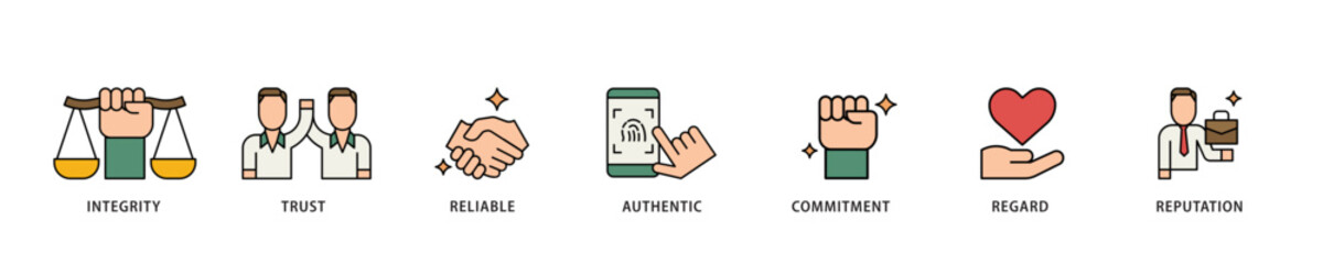 Poster - Credibility icon infographic illustration concept with icon of integrity, trust, reliable, authentic, commitment, regard, and reputation icon live stroke and easy to edit 