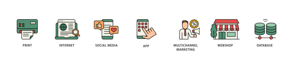 Aufkleber - Cross media icon infographic illustration concept with icon of print, internet, social media, app, multichannel marketing, webshop and database icon live stroke and easy to edit 
