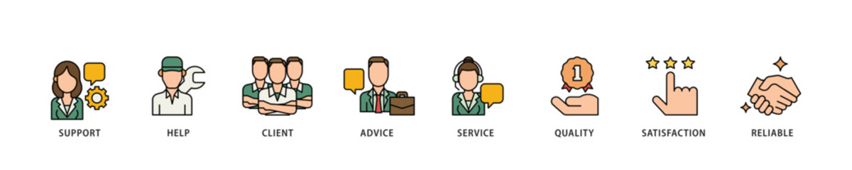 Poster - Customer care icon infographic illustration concept with icon of help, client, advice, chat, service, reliability, quality, and satisfaction icon live stroke and easy to edit 