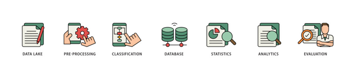 Poster - Data engineering icon infographic illustration concept with icon of data lake, pre processing, classification, database, statistics, analytics and evaluation icon live stroke and easy to edit 