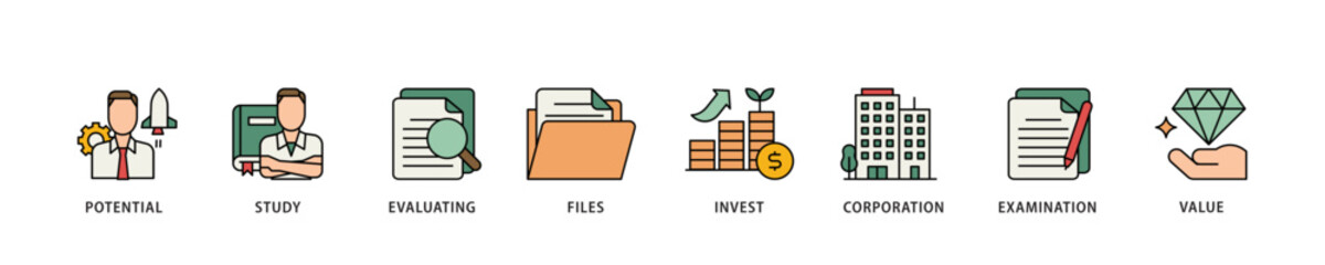 Poster - Due diligence icon infographic illustration concept with icon of potential, study, evaluating, files, invest, corporation, examination and value icon live stroke and easy to edit 