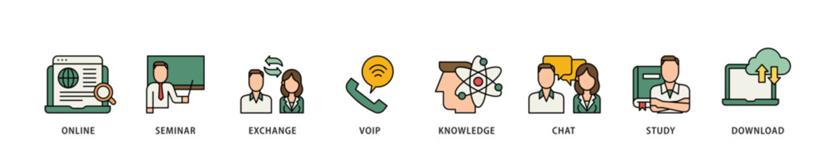 Aufkleber - E learning icon infographic illustration concept with icon of online, seminar, exchange, voip, knowledge, chat, study and download icon live stroke and easy to edit 