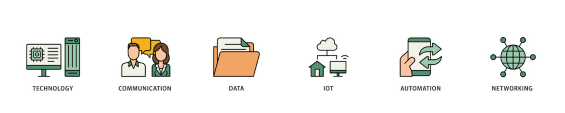 Digital transformation icon infographic illustration concept with icon of technology, communication, data, iot, ict, automation, internet, and networking icon live stroke and easy to edit 