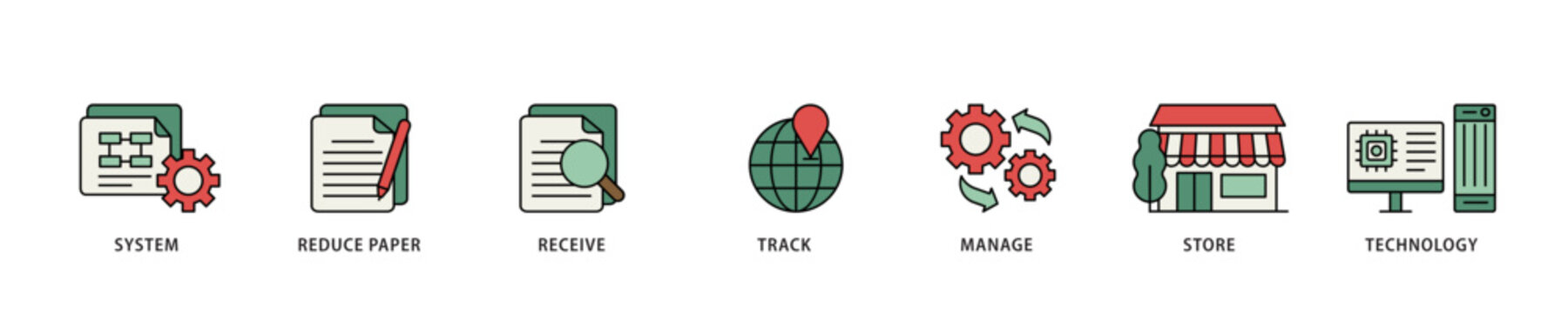 Document management icon infographic illustration concept with icon of system, reduce paper, receive, track, manage, store, cloud and technology icon live stroke and easy to edit 