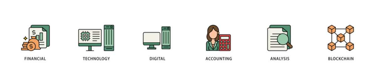 Poster - Fintech icon infographic illustration concept with icon of financial, technology, digital, accounting, analysis and blockchain icon live stroke and easy to edit 