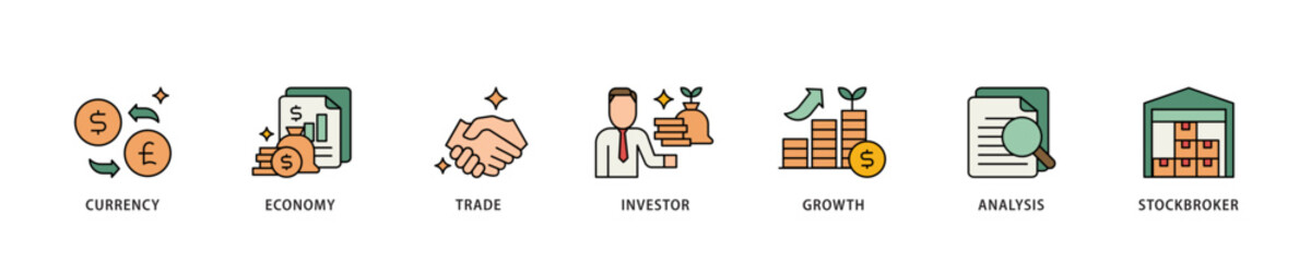 Fototapete - Forex icon infographic illustration concept with icon of currency, economy, trade, investor, growth, analysis and stockbroker icon live stroke and easy to edit 