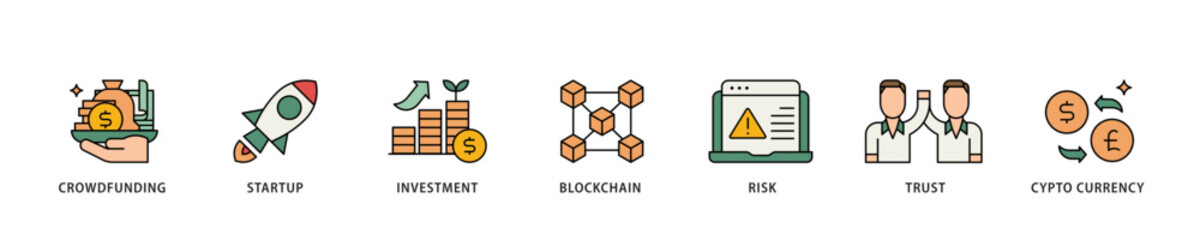 Poster - ICO icon infographic illustration concept with icon of crowdfunding, startup, investment, blockchain, risk, trust and cypto currency icon live stroke and easy to edit 