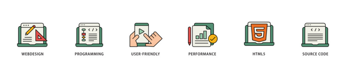 Aufkleber - Mobile first icon infographic illustration concept with icon of webdesign, programming, user friendly, performance, html5 and source code icon live stroke and easy to edit 