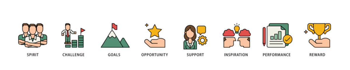 Poster - Motivation icon infographic illustration concept with icon of goal, vision, admire, support, teamwork, mentor, performance, and success icon live stroke and easy to edit 
