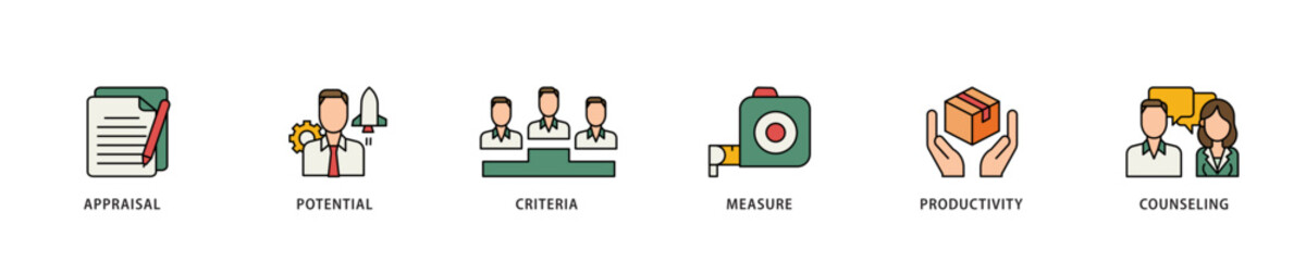 Poster - Performance review icon infographic illustration concept with icon of appraisal, potential, criteria, measure, productivity, and counseling icon live stroke and easy to edit 