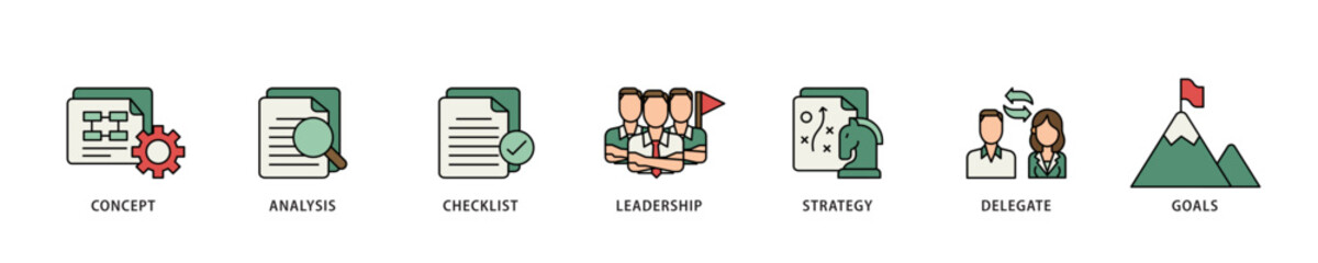 Aufkleber - Planning icon infographic illustration concept with icon of concept, analysis, checklist, leadership, strategy, delegate and goals icon live stroke and easy to edit 