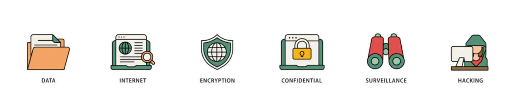 Privacy icon infographic illustration concept with icon of confidential, hacking, surveillance, encryption, internet, data icon live stroke and easy to edit 